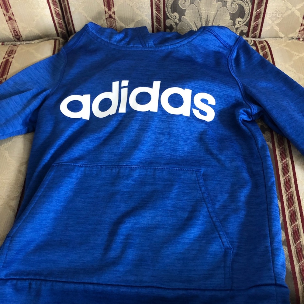 Adidas boys blue sweatshirt/hoodie with white logo size 6/7